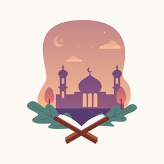 Illustration of Quran Flat Design Isolated with Mosque Background - Ramadan Kareem Vector Illustration Design.
