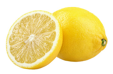 Group of ripe whole yellow lemon citrus fruit with lemon fruit half isolated on white background
