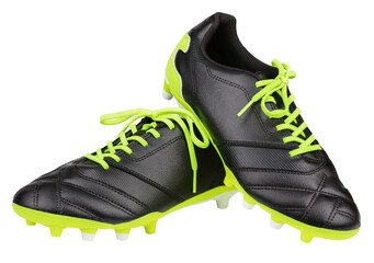 Pair of new unbranded black leather football shoes or soccer boots isolated on transparent background