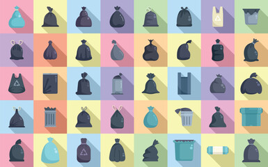 Bag for trash icons set flat vector. Food garbage. Dirty dustbin