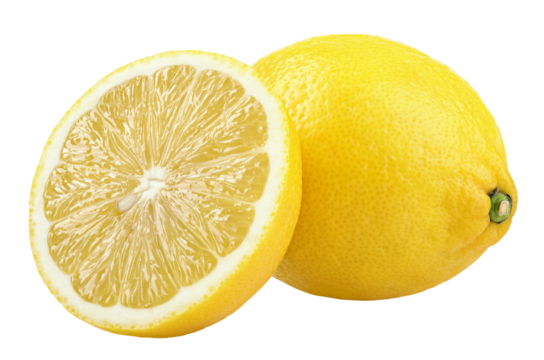 Group of ripe whole yellow lemon citrus fruit with lemon fruit half isolated on white background