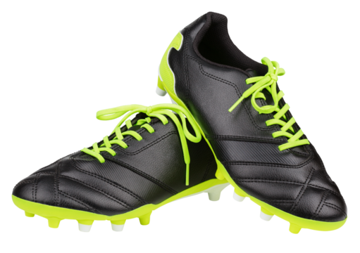 Pair of new unbranded black leather football shoes or soccer boots isolated on transparent background