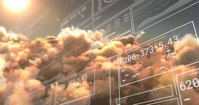 Animation of interface with data processing against clouds and shining sun in the sky