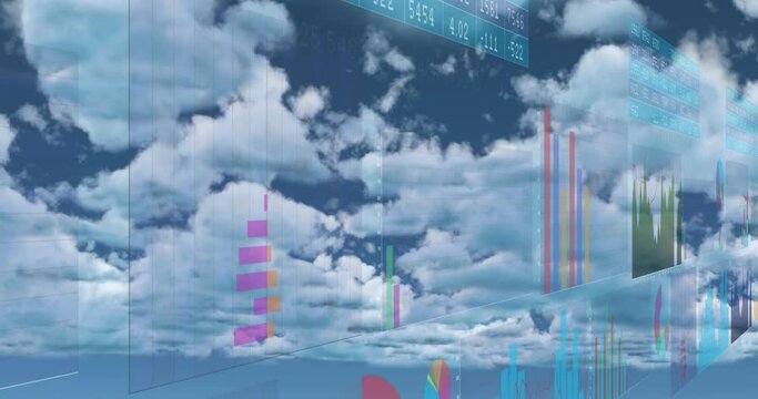 Animation of interface with statistical data processing against clouds in blue sky