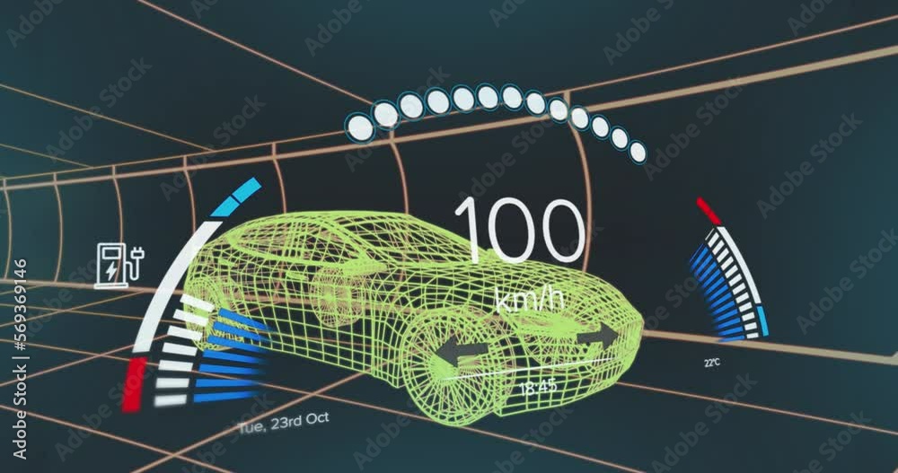 Poster animation of speedometer interface over 3d car model moving in seamless pattern in a tunnel