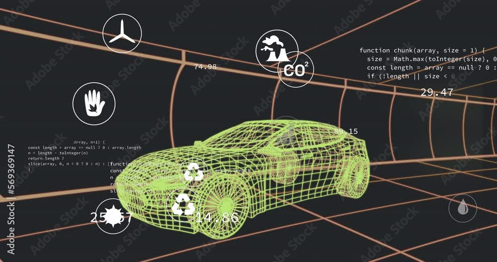 Poster animation of multiple digital icons over 3d car model moving in seamless pattern in a tunnel