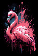 Pink flamingo on a black background. Painted artwork. Generative AI - obrazy, fototapety, plakaty