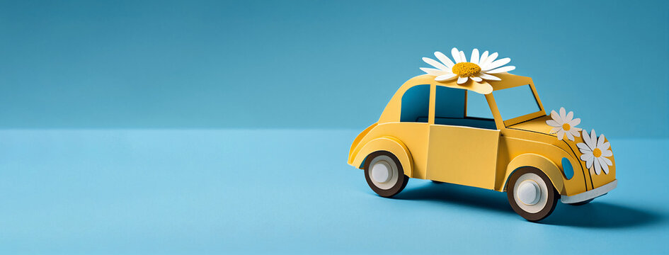 Cute yellow paper car with white spring flowers on blue background. Illustration AI