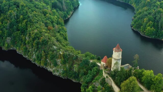 Panoramic view of Zvikov Castle on the hill surrounded by river Vltava and Otava in South Bohemia region in Czech Republic.