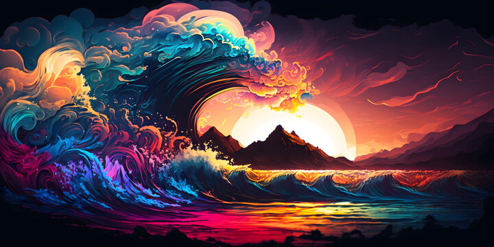 background with giant colerfull waves, abstract, generative ai