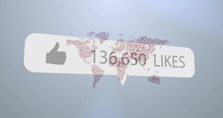Animation of like icon with increasing numbers over world map against grey background - Powered by Adobe