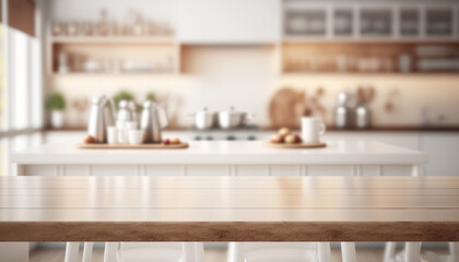 Fototapeta na wymiar Brown wooden table top and blurred white kitchen background from interior building - ready for display or montage your products Generative AI