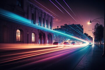 Fototapeta premium Long-exposure shot of cityscape at night with streaks of light from cars and streetlamps, concept of Time-lapse Photography and Urban Landscape, created with Generative AI technology
