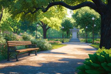 A public park with bench and tree - illustration - Generative AI - obrazy, fototapety, plakaty