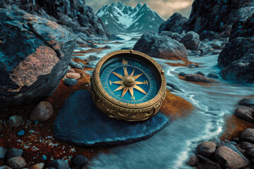 A compass abandoned on a rock, indicating the direction - Generative AI