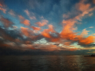 Sunset on the seashore with orange-red clouds. Illustration