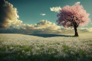 Lone tree with spring blossoms on a flat green meadow, with a beautiful blue sky and clouds in the background. Generative AI
