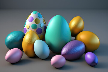 Fototapeta na wymiar colorful easter eggs on grey background, generative ai illustration for spring april month