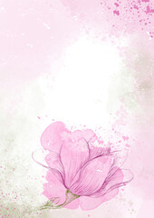 A magnolia bud on a watercolor background. A hand-drawn flower. Pink Magnolia on a white background with watercolor strokes. Vertical watercolor background for design