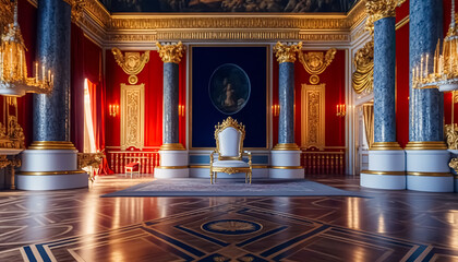 A realistic fantasy interior of the royal palace. golden palace. castle interior. Fiction Backdrop. concept art. generative ai	