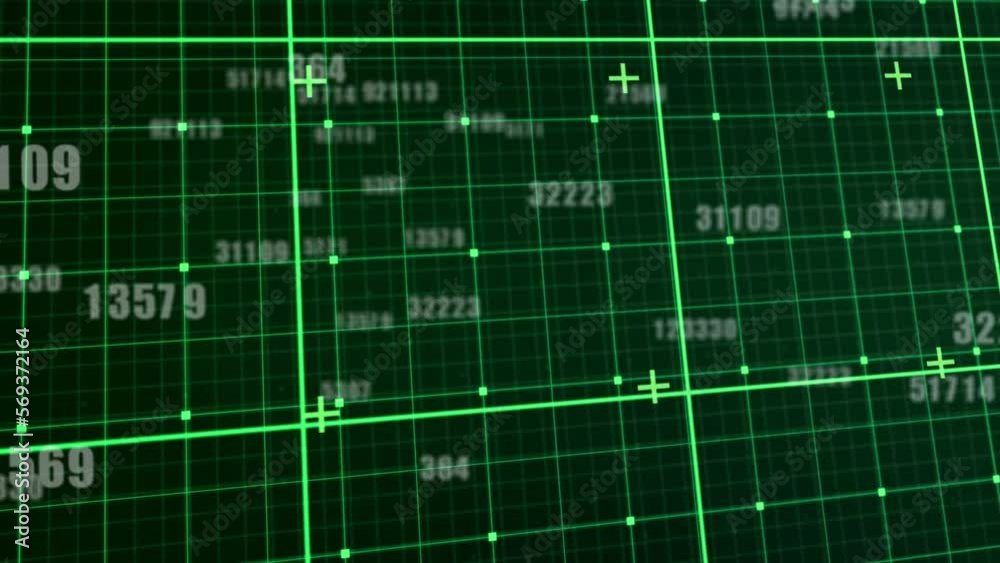 Poster animation of multiple changing numbers over grid network against green background