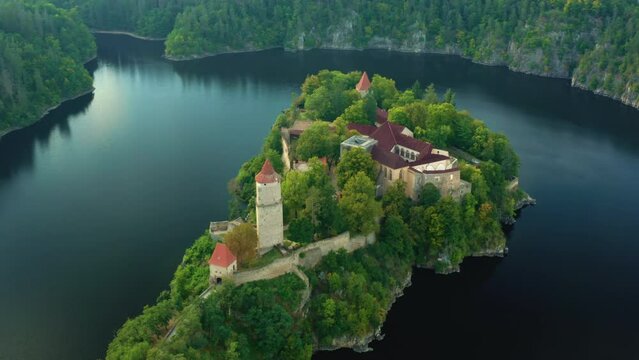 Aerial view of Zvikov Castle on the hill surrounded by river Vltava and Otava in South Bohemia region in Czech Republic.
