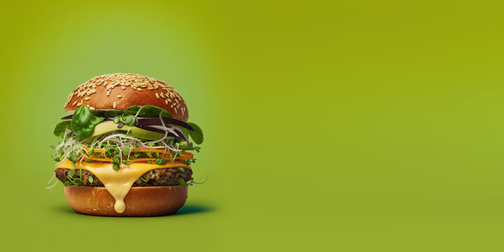 Vegetarian Burger on a Green Background with Space for Copy (Generative AI)