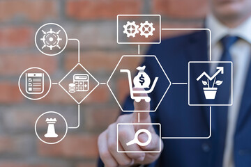 Trader working on virtual touchscreen of future and presses icon: trolley and money bag. Investment management, planning and strategy, stock market, business growth, progress or success concept.