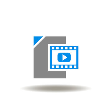 Vector illustration of sheet of paper or file and cinema strip tape with play button. Symbol of motion picture, film. Icon of movie web service. Sign of avi, mov, mkv, mpeg4 format.