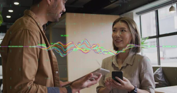 Animation of multiple graphs, numbers, diverse coworkers talking while using cellphone and tablet