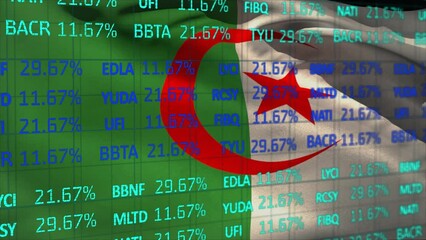 Animation of stock market data processing against waving algeria flag - Powered by Adobe
