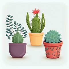 Succulent in pot composition, cactus illustration with light grey background, desert plants as home decor by generative ai
