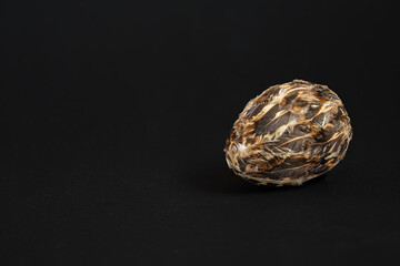 Styrofoam egg covered with pheasant feathers.
