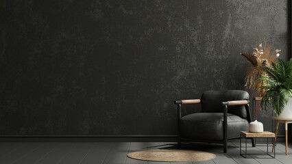 Wall mockup in black tones with leather armchair on dark wall.
