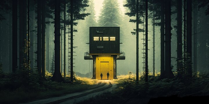 Lift schacht in forest, concept of Elevator shaft and Forest environment, created with Generative AI technology