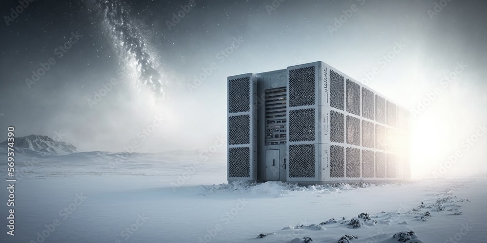 Wall mural supercomputer in greenland blizzard, concept of high-technology and arctic weather, created with gen