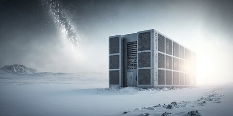 Supercomputer in greenland blizzard, concept of High-Technology and Arctic Weather, created with Generative AI technology
