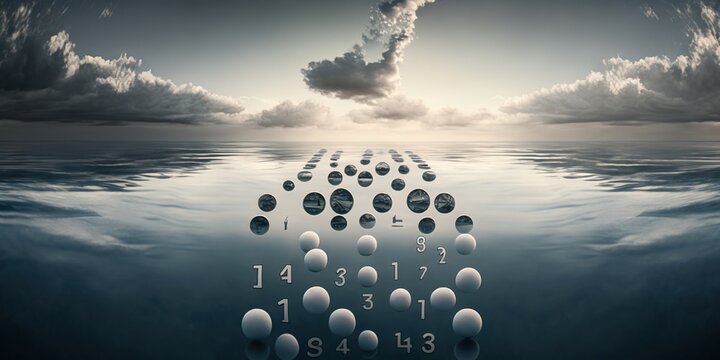 Points and number floating in the calm ocean with horizon, concept of floating point numbers, abstract, Atmospheric Perspective and Reflections, created with Generative AI technology