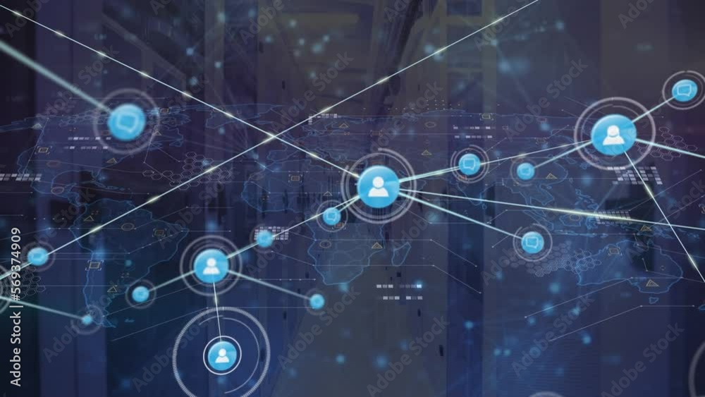 Poster animation of network of digital icons and data processing over world map against server room