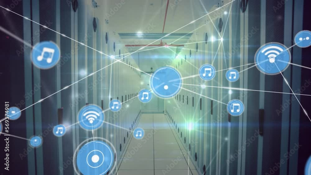Poster animation of network of digital icons against empty computer server room
