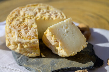 Fototapeta na wymiar Tasting of local portuguese matured cheese queijo serpa, Setubal area, Portugal