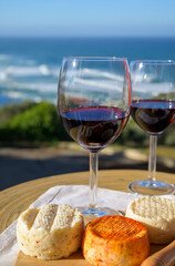 Food and wine pairing, red dry Portuguese wine and variety of goat, sheep, cow cheeses made with paprika, herbs in Portugal