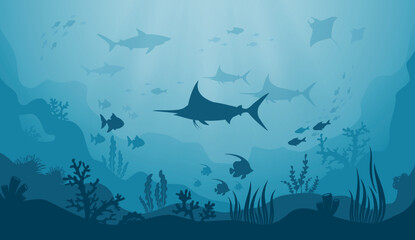 Underwater landscape of the seabed. Silhouettes of marine fish, coral reefs and algae on blue water background. Ocean life, marine nature, flora and fauna. Vector illustration - 569375574