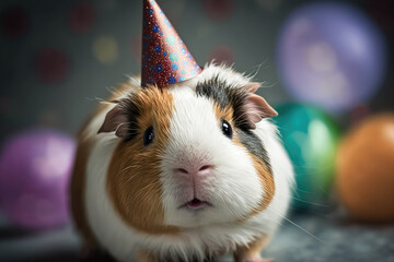 Closeup of a joyful guinea pig wearing a party hat, generative ai - obrazy, fototapety, plakaty