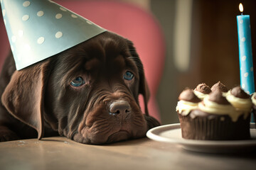 Close-up of a sad puppy in a birthday hat, surrounded by uneaten cupcakes, generative ai