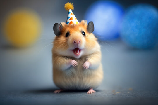Closeup of a happy hamster wearing a party hat, generative ai