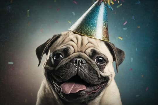 Closeup of smiling pug with a party hat, generative ai