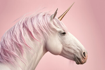Obraz na płótnie Canvas Intense shot of a mesmerizing unicorn with a pink mane and tail against a pale pink background, generative ai