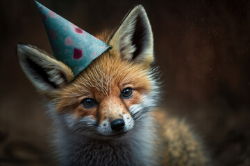 Fototapeta premium Intimate shot of a baby fox in a colorful birthday hat, generative ai
