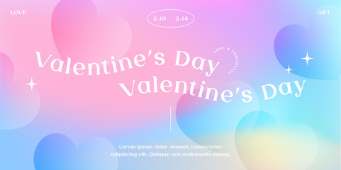 Happy Valentine's Day gradient background. Romantic sweet heart. Typography poster template, 3D, y2k aesthetic. Digital marketing, Sale, Fashion advertising. Banner, Flyer. Trendy vector illustration.